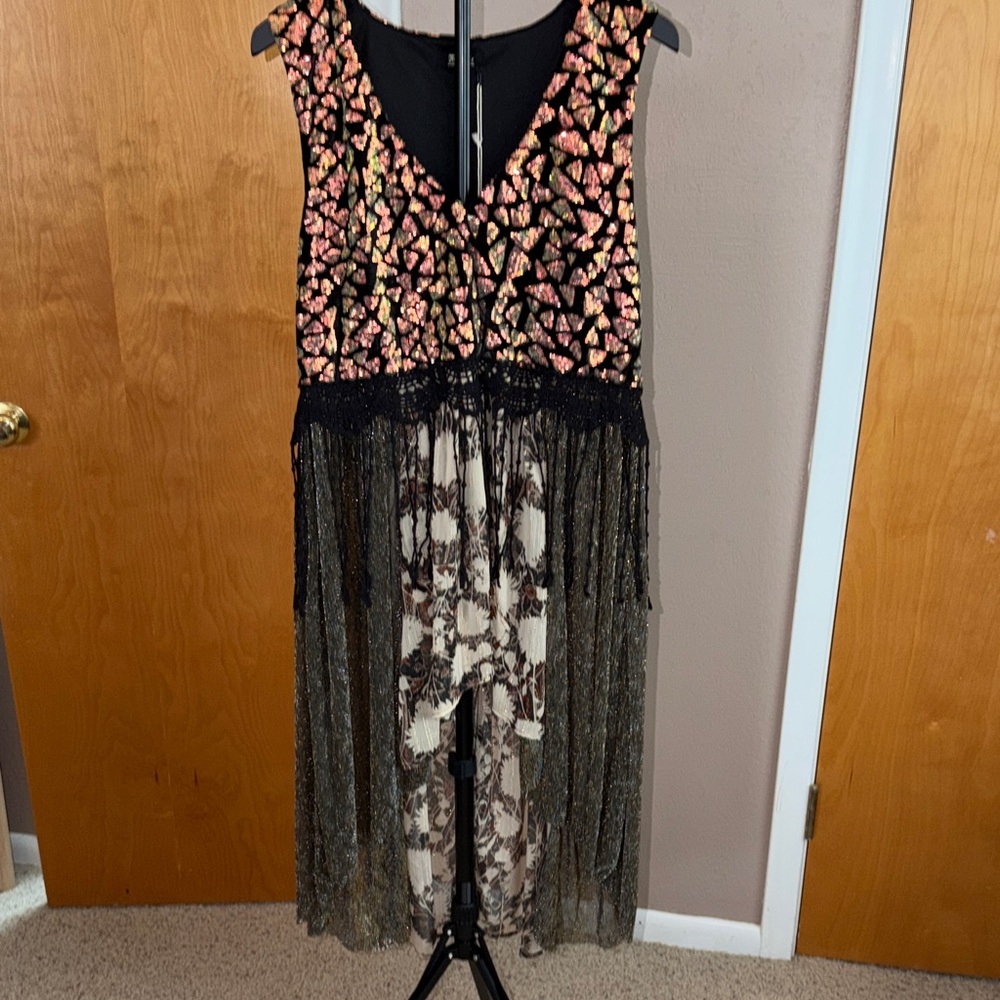Miss Me Black Dress with Pink Sequin Bodice and Gold Fringe